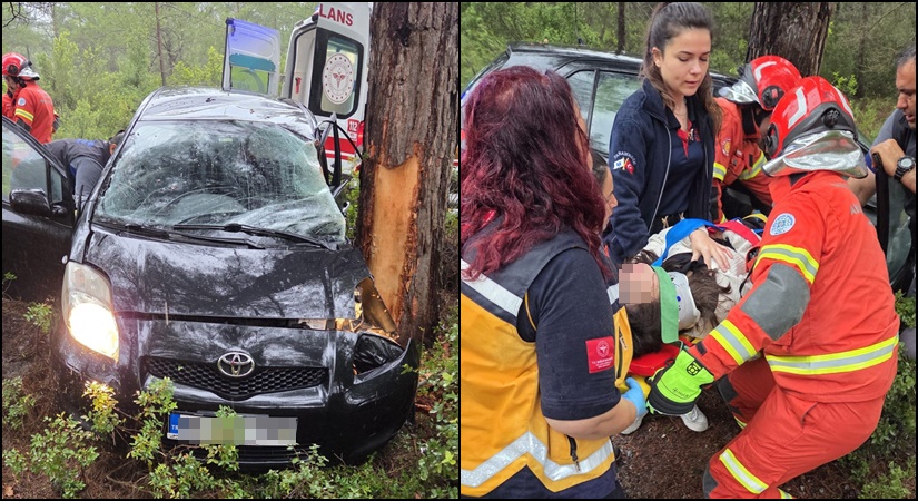 Yoldan Çıkan Araçta Sürücü Araç İçinde Sıkıştı